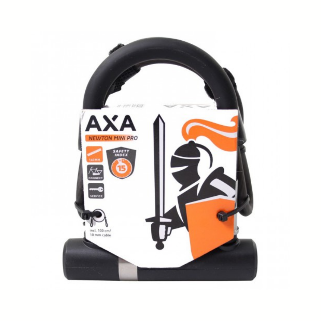 Axa beugelslot, Newton Pro Mini 140mm + kabel 100x10mm. Zwart, incl slothouder, ART**