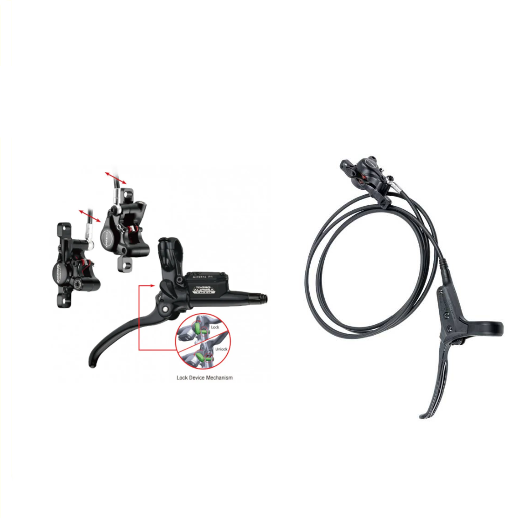 Tektro Scheibenbremsensatz für Lastenräder HD-T525 rechts (2 Bremssättel) und HD-T520 links (1 Bremssattel) mit Handbremsfunktion. Lieferung ohne Bremsscheiben.