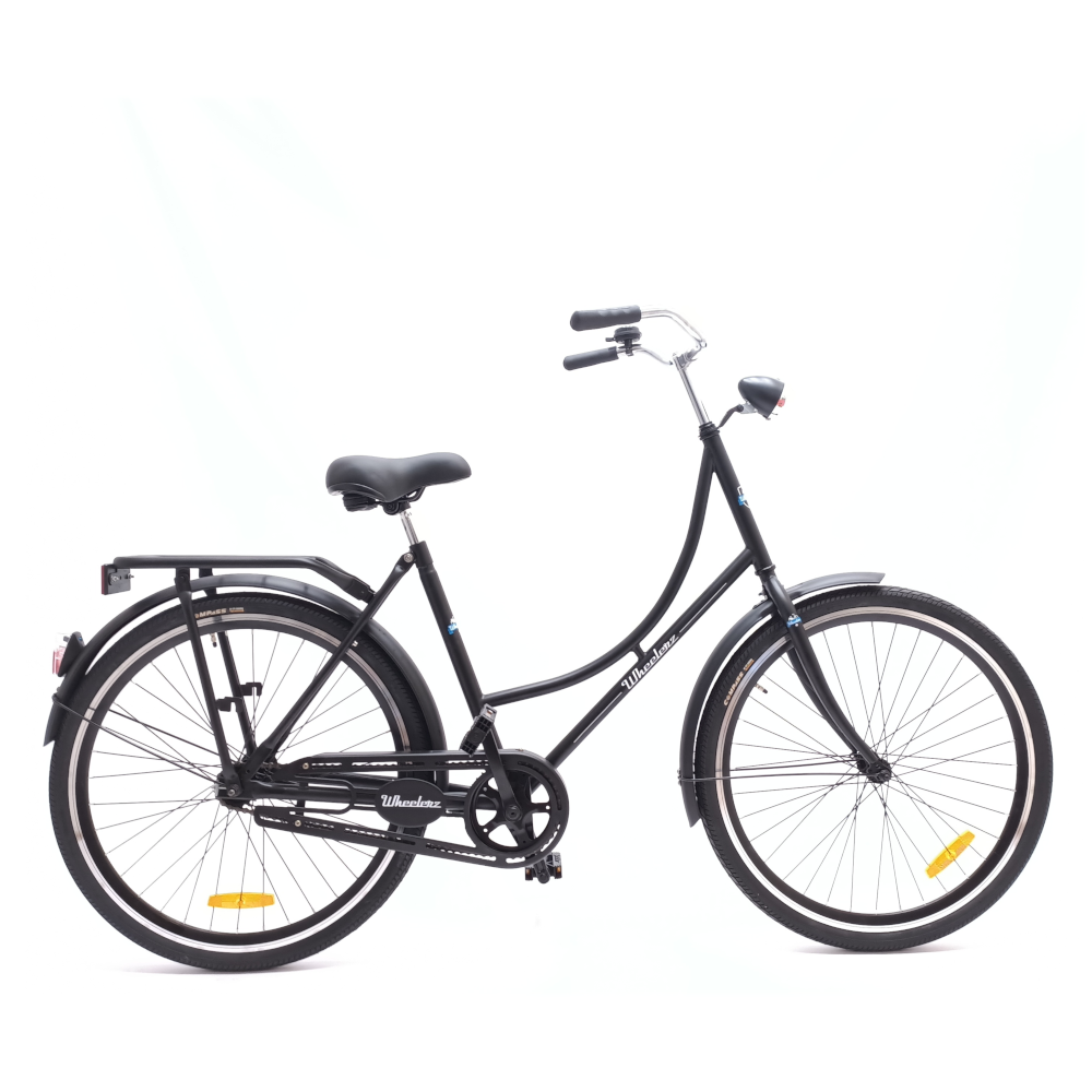 Wheelerz Oma 26'' / 48cm , zwart, 26 x 1.75 anti lek buitenbanden, trapas met industrie lagers, oversized achterdrager, stalen kettingkast, zwarte spaken, led verlichting. (verbeterde kwaliteit!)