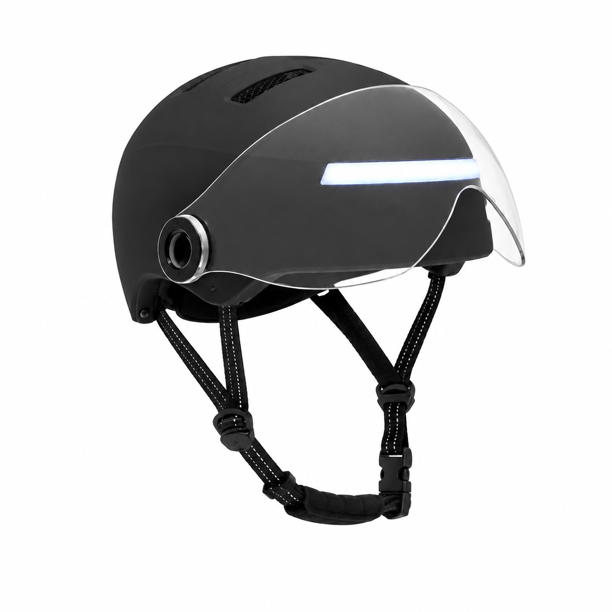 FALKX-Helm mit Visier, Größe XL (61–63 cm), matt schwarz. NTA 8776-geprüft. Ausgestattet mit praktischem Drehverschluss und per USB aufladbaren LED-Rück- und Vorderlichtern.