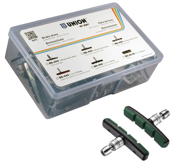 Union BS-460 V-Brake Bremsbelag 75 mm (symmetrischer Stift). Pro 25 Paar, für E-Bike